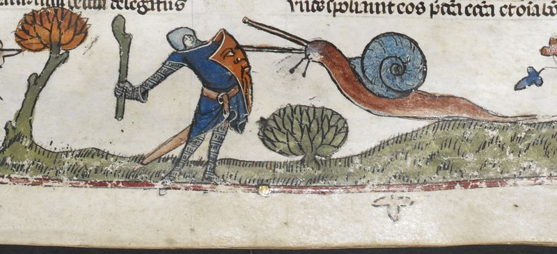 Illustration for article titled Hay un montón de pinturas medievales de caballeros luchando contra caracoles gigantes y nadie sabe bien por qué